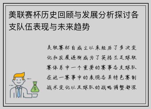 美联赛杯历史回顾与发展分析探讨各支队伍表现与未来趋势